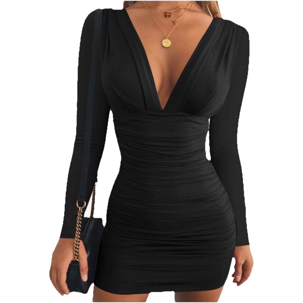 Deep V Neck Bodycon Mini Party Cocktail Dress Black Ruching Detail Size S